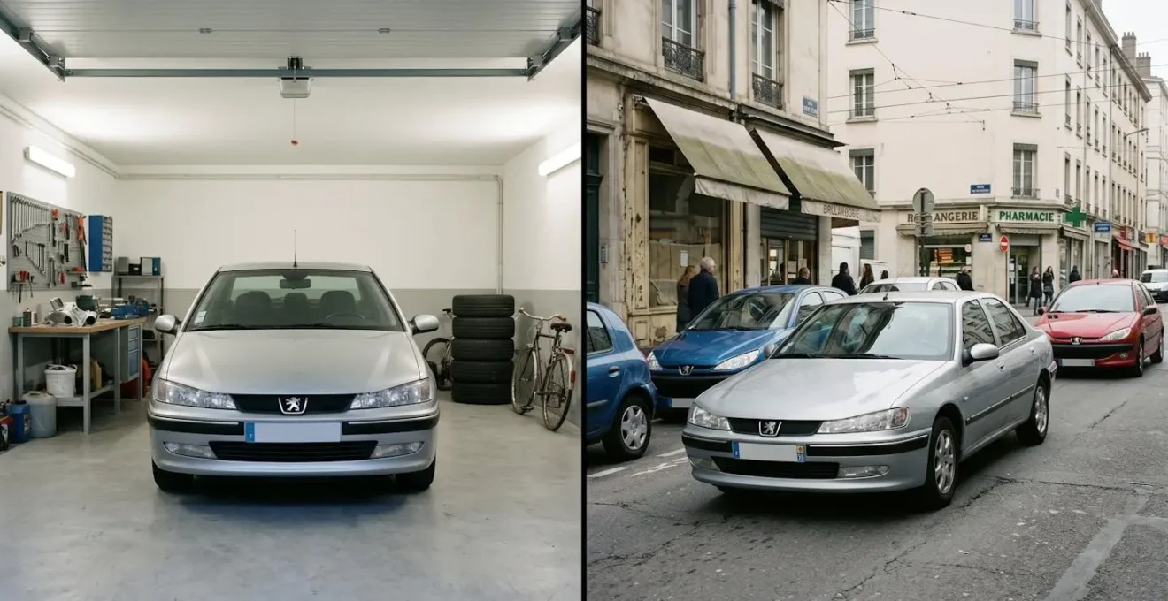 Deux vues d'une même voiture, l'une garée dans un garage fermé, l'autre sur la voie publique, illustrant l'impact du stationnement sur la prime.